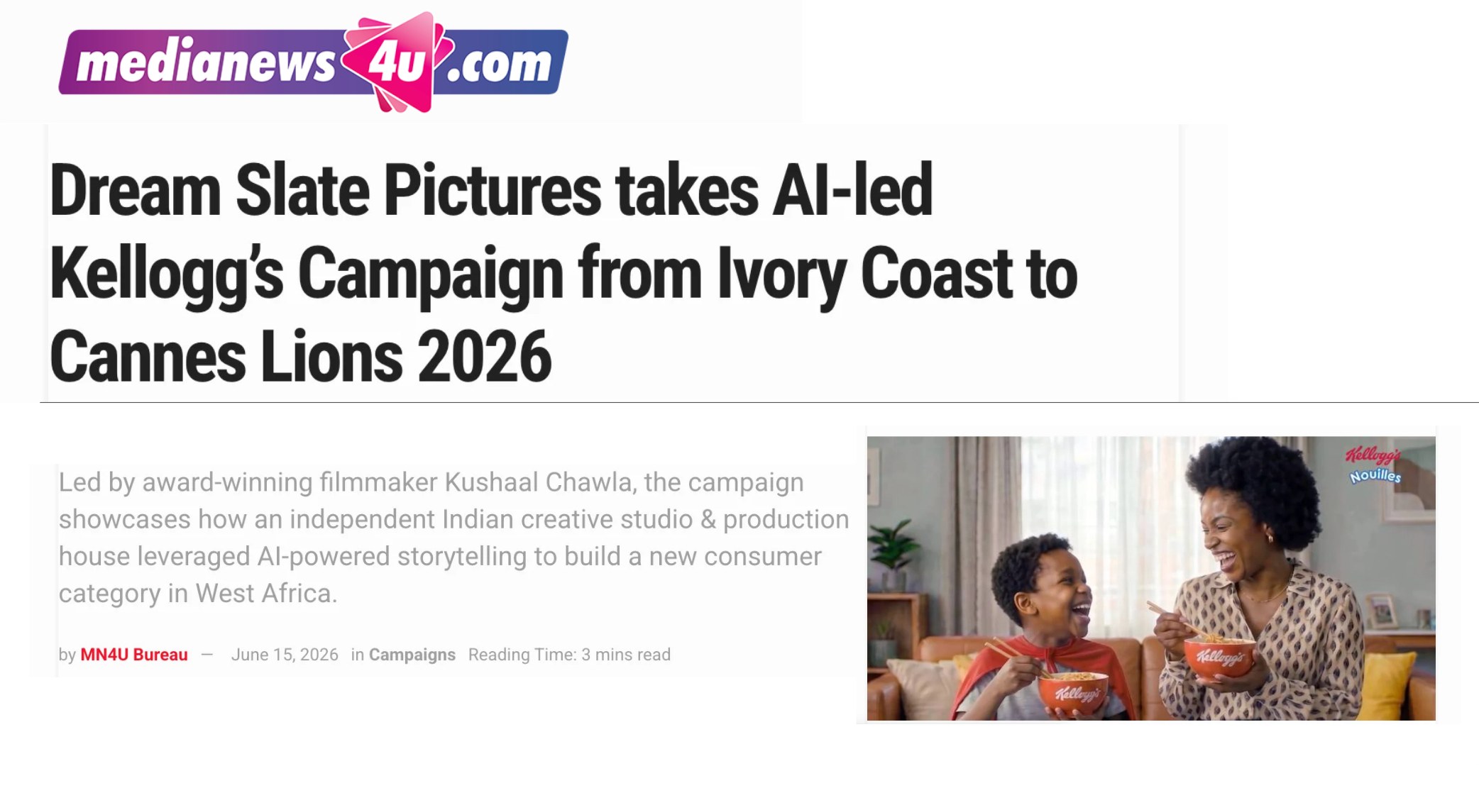 Media coverage: Dream Slate Pictures takes AI-led Kellogg's campaign to Cannes Lions 2026